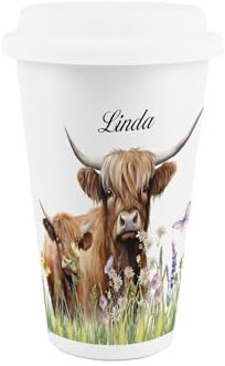 Purely Home Custom Highland Cow & Calf Ceramic Travel Mug - Personalised Gifts for Animal Lovers - Reusable Silicone Lid Double-Walled Insulated Drinks Flask Cup
