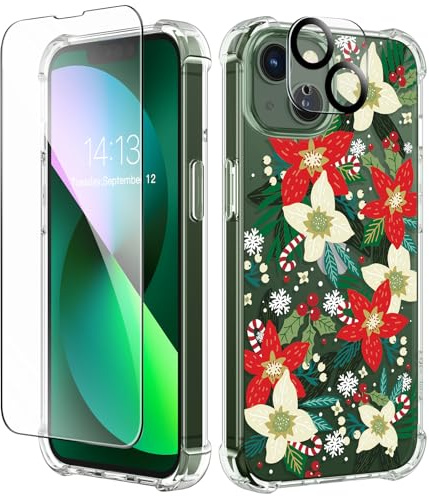 GVIEWIN for iPhone 13 Case TPU Clear Flower with Screen+Lens Protectors | Slim Bumper, Shockproof Protective, Soft Phone Cover for Girls Women 6.1 2021,Poinsettia/Green
