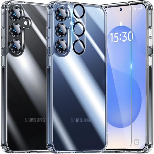 UniqueMe 5-in-1 Set for Samsung Galaxy S25 Case - [Never Yellowing] Mobile Phone Case for Galaxy S25 Case All-Round Protection [1 Phone Case + 2 Screen Protectors +2 lens Protectors] Clear