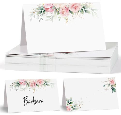 BETESSIN Tischkarten Hochzeit - 50 Stück Platzkarten mit elegantem Blumenmotiv - Geburtstagsdeko Tisch - Namenskarten zum Beschriften - Tischdekoration für Hochzeit, Geburtstag, Babyparty uvm.