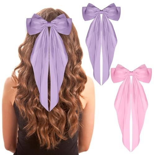 NiceYnn Lot de 2 Pinces à Cheveux Grand Noeud Papillon avec Ruban Epingles Barrette de Cheveux en Satin pour Femme Fille Anniversaire Coiffure Décor Queue de Cheval #A Lilas/Rose Pâle