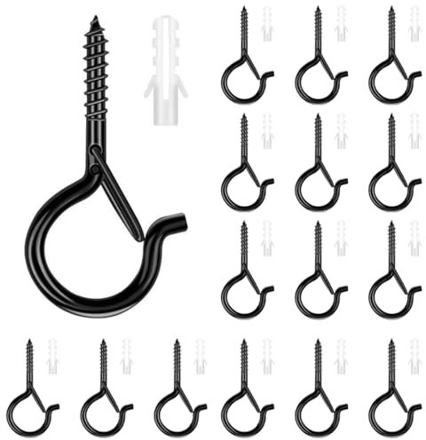 OUDQFCJ 15 Pezzi Ganci a Vite con Sicurezza per Piante, Casette per Uccelli, Giochi di Vento e Luci, Ganci Da Soffitto, Lampadario, Senza Fine, Muro, per Luci di Natale Esterno, Legno Occhielli (Nero)