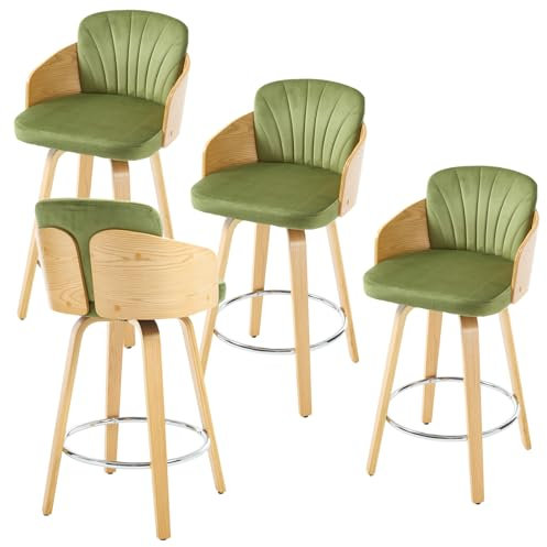 chairus Tabourets de Bar avec Repose-Pieds en Métal Lot de 4 Tabourets de Comptoir Velours Chaise Haute Bar avec Pieds en Bois pour Central Îlot, Vert-4