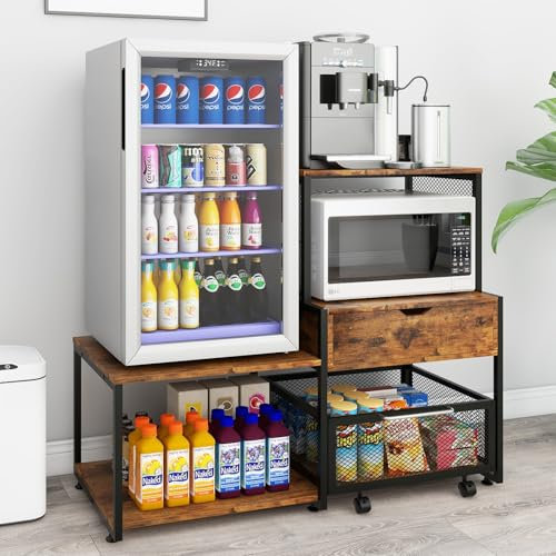 PUNCIA Mini Fridge Stand with Storage Coffee Bar Cabinet Beverage Wine Refrigerator Table Microwave Oven Stand Rack with Large Capacity Drawer and Basket for Home Office Dorm Retro