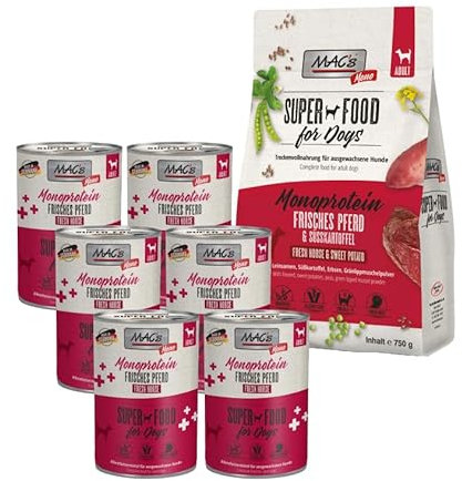 MACs Hundefutter Pferd 6x400g Nassfutter & 1x750g Trockenfutter | Getreidefrei | Monoprotein Pferd | Hoher Fleischanteil | Für Allergiker & Ausschlussdiät | Natürliche Zutaten