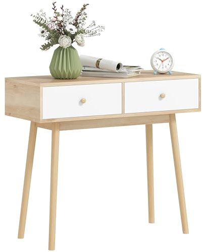 HOMCOM Console meuble, table console, console entrée style moderne, table d'entrée étroite avec 2 tiroirs et pieds en bois, bout de canapé, pour salon, entrée, couloir, 86 x 35 x 75 cm, chêne et blanc