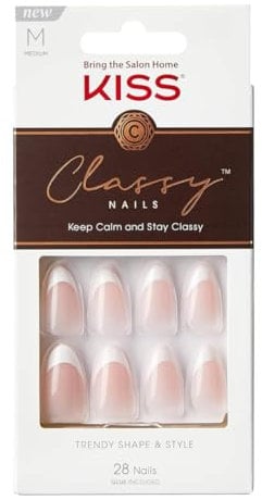 KISS Classy Fake Nails DIY Manicure - Waterproof, Smudge Proof, Chip Proof, No Dry Time, Durable & Flexible, Long Lasting, Medium, Quick & Easy | 28 Count