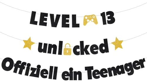 Xietaea Deko 13 Geburtstag Junge Mädchen - 13 Geburtstagsdeko Videospiele Gamepad Level 13 Unlocked Girlande, Glitzer Offiziell Teenager Banner für 13 Geburtstagsfeier Dekoration (Schwarz Gold)
