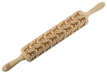 MoodForWood Teigroller aus Holz, Gravierte Holzrolle mit Wunschname auf Griff, Roller mit Muster für Teig, Kuchen & Backwaren, Nudelholz für Müheloses Ausrollen, Ø 6 cm x 43 cm, Einhörner