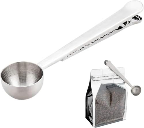 Coffee Measuring Spoons with Bag Seal Clip,Coffee Scoop for Groundcoffee with Clip,Stainless Steel Tablespoon Measuring Spoon,Coffeelover's Gift,for Milk Powder Tea Oatmeal Matcha Ice Cream(Silver)