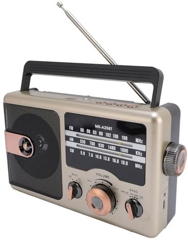 Portable AM ​​FM Radio, 4 in 1 Uhr FM SW Shortwave Full Band Radio MP3 Player Wireless BT -Lautsprecher Support SD -Karte USB -Flash -Laufwerke USB C Wiederaufladbare Radios (Gold)