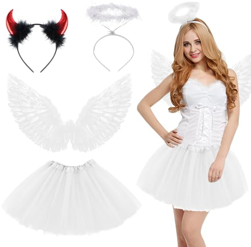 Singtis 5 Stück Engel Kostüm Damen Weiße Set, Engel Teufel Kostüm Damen mit Tütü Rock, Heiligenschein, Teufel Hörner und Strümpfe für Halloween Kostüme Karneval Party Cosplay Erwachsenes (Weiß)