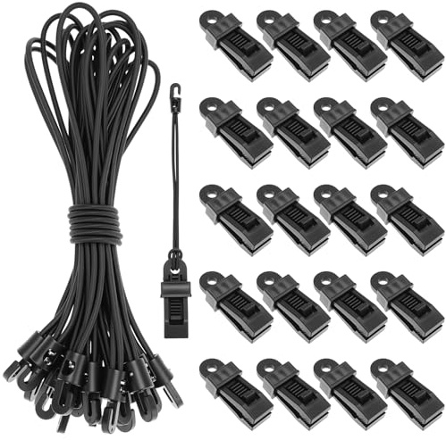 QWORK® 20 Pcs Pinces à bâche et 20 Pcs 25 cm tendeurs élastiques avec Crochets, pour Camping, bâches et Plus Encore