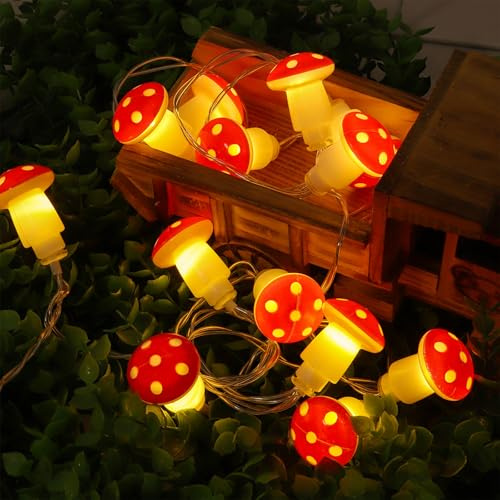 ENLACE LED Pilz-Lichterkette, 1,5M 10 LED Fliegenpilz Lichterkette Batteriebetrieben, Warmweiß Mushroom Lichterketten für Innen Außen Garten Schlafzimmer Party Weihnachten Balkon