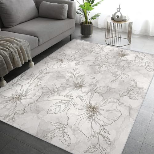 UUZEAI Abstrakter floraler Teppich 160 x 240 cm, rutschfest, weiß-graue Blumen, Marmoroptik, waschbar, für Wohn- und Schlafzimmer, weich und ultradünn