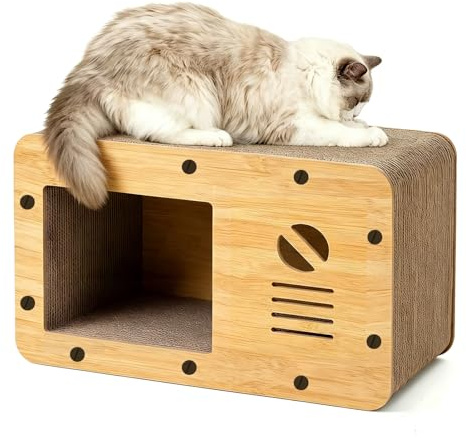 Rascador para Gatos de Cartón, Casa para Gatos Cartón Grande Doble Capa, Resistente y Multifuncional para Rascar, Descansar y Esconderse, Protege los Muebles (A, 48×24×24CM)