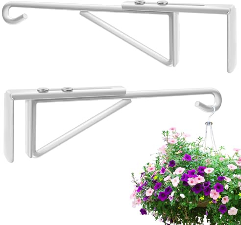 KEYBOO 2 Pack Adjustable Hanging Basket Brackets Outdoor, Heavy Duty Bird Feeder Brackets for Fences, Garden Lantern Hooks, Plant Hangers for Garden Fence, White Plant Hangers Hook Basket Hanger