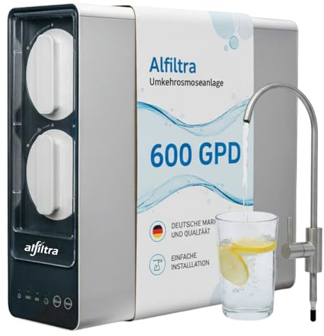 ALFILTRA Reos Slim Umkehrosmoseanlage Untertisch 600 GPD, tanklos | 1,5 L/min Direct Flow, 4-stufige Filtration in 2 Kartuschen, LED-Statusanzeige, nur 13 cm breit, mit Edelstahl-Reinwasserhahn