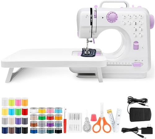 Nähmaschine mit Anschiebetisch, Mini-Nähmaschine, tragbare elektrische Nähmaschine, 12-Stiche-Nähmaschine mit LED-Licht, Nähzubehör-Set, ideal für Kleidung, Kissenbezüge, Bettlaken