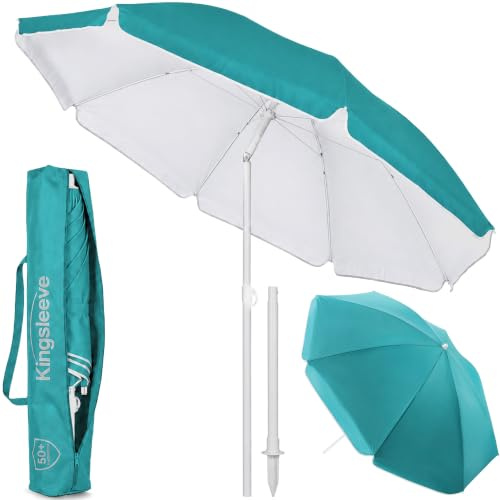 Kingsleeve® Sonnenschirm 180cm UV 50+ Tragetasche groß Strandschirm wasserabweisend neigbar höhenverstellbar Erdspieß Balkon Strand Rund Garten Türkis