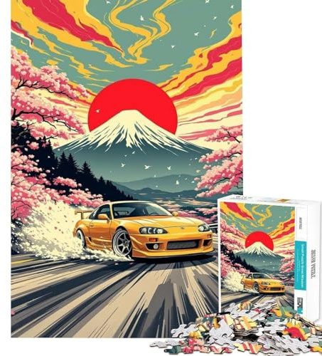 Puzzle für Erwachsene 1000 Teile Gelber Supra driftet in der Nähe des Fuji Puzzle für Erwachsene DIY-Spielzeug Präzisionsschnitt einzigartiges Geburtstags (Größe 38x52cm)