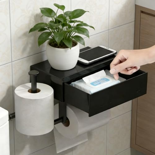Toilettenpapierhalter, ohne Bohren, Selbstklebender Toilettenpapierhalter mit Feuchttücherbox, Doppelt-Toilettenpapierhalter, Toilettenpapierhalter, 2 Montagemethoden, Schwarz