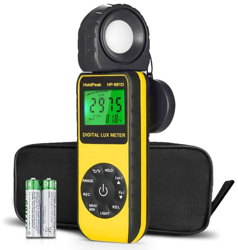HoldPeak 881D Luxmetro Digitale Professionale, Misuratore di Luce 0.1-400,000 Lux, 1-40,000 FC,Misurare Temperatura,LCD Retroilluminato,Batteria Inclusa…