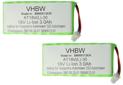 vhbw 2X Batterie Compatible avec Husqvarna Automower 440 (Jusque 2019/2020), 450X (Jusque 2019/2020) Robot Tondeuse (3000mAh, 18V, Li-ION)