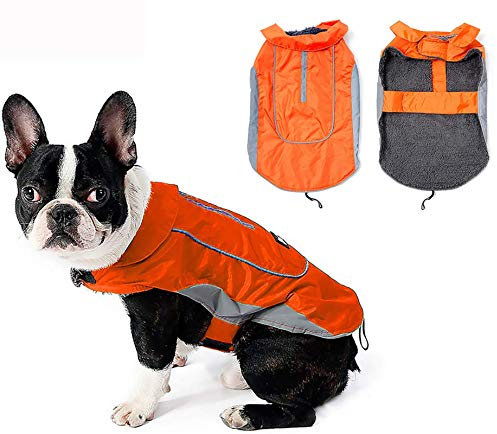 MOREZI Winterhundemantel mit wasserdichter Außenschicht und Flusenfutter. Mit Sicherheitsschnalle und Klettverschluss, größenverstellbar, einfach an und auszuziehen-Orange-XS