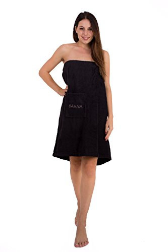 Julie Julsen Saunakilt für Damen 75 x 140 cm Druckknöpfen und Gummizug 100% Baumwolle Tasche aufgesetzt Schwarz