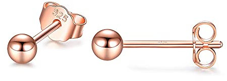 PRETTERY Rose Gold 925 Sterling Silver 4mm Round Ball Stud Earrings for Women Girls