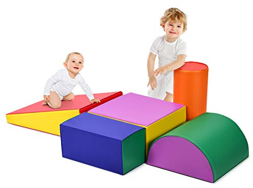 COSTWAY 5PCS Parcours Motricité Bébé en Mousse EPE avec Housse en PU, Module Motricité Bébé avec Fermeture Clair, Jouets Éducatifs Colorée pour Ramper Grimper pour Enfants d'Âge Préscolaire…