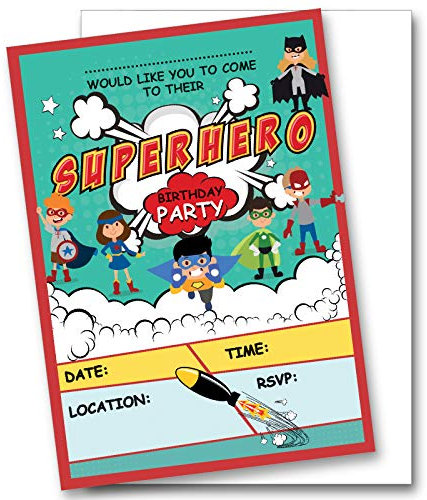 Shmaki 10 x Superhero Birthday Party Invitations Invites Boy And Girl Children Kids Pack With Envelopes