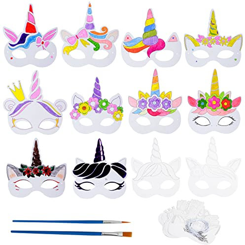 YOLOUP 24 Stück Einhorn Masken zum Kinder Basteln Leer Unicorn Papiermasken Malpapier mit Pinsel & Gummiband Kreatives Bastelset für Mädchen Jungen