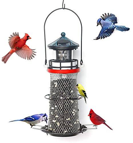 Solar-Vogelfutterstation für den Außenbereich, zum Aufhängen von Wildmetall, 35.6 cm, Solar-Leuchtturm mit drehbarem Leuchtfeuer LED-Licht, Solar-Hof, Leuchtturm, Geschenke (Retro-Schwarz)