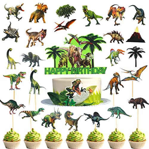 Dinosaurier Tortendeko Cake Topper, Dinosaurier Thema Cupcake Toppers, Kuchendekoration für Dinosaurier, Happy Birthday Kuchen Dekoration Jura Dino Partei Liefert (40 Stück)