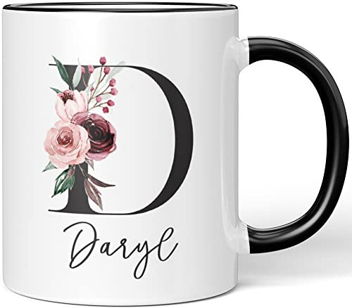 JUNIWORDS Tasse, Daryl, Name Anfangsbuchstabe Initial Alphabet Floral Buchstabe D Monogramm Motiv, Schwarz (5563679)