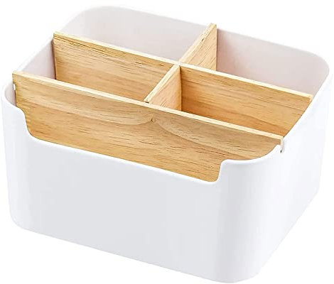 TZQFROCE Schreibtisch Organizer 5 Fächer Bambus Büro Organizer mit Stifthalter Fernbedienung Organizer Tisch Organizer Schreibtisch Organizer Holz für Smartphones Kosmetika Stifte - Weiß