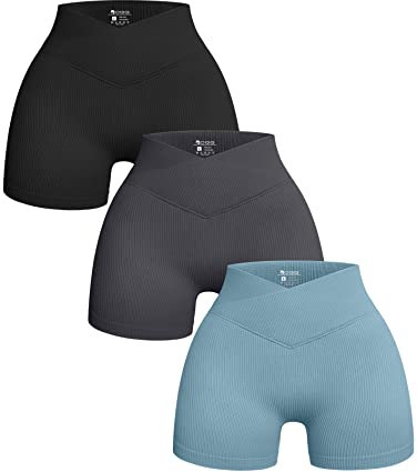 OQQ 3-teilige Yoga Shorts für Damen Gerippt Nahtlos Workout Hohe Taille überkreuzte Athletische Shorts Schwarz Grau Blau
