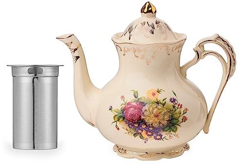 YOLIFE Floral Teapot, 42oz Ceramic Tea Pot with Removable Staniless Steel Infuser to Blooming and Loose Leaf Tea- Vintage Teapot with Gold Leaf Flowering Shrubs Pattern