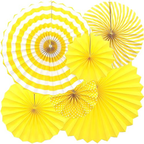 Hocansen 6PCS Hanging Paper Fans Set 8/12/16in Party Decoration Paper Fans Round Pattern Papers Garlands Decoration for Birthday Bridal Wedding Baby Shower Graduation Events(Yellow/ZS)