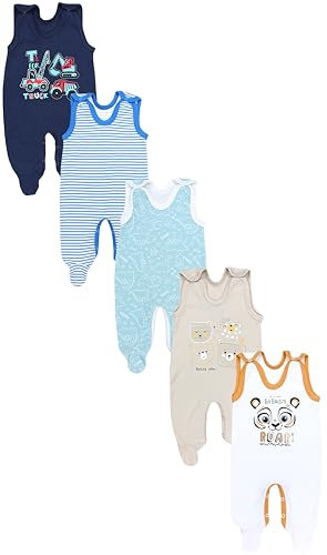 TupTam Baby Unisex Strampler mit Aufdruck Spruch 5er Pack, Farbe: Dunkelblau Bagger Grün Dino Bärchen Beige Tiger Streifen Blau r, Größe: 50