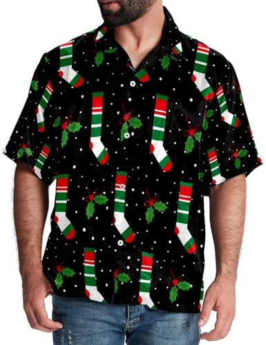 Luoweisi Schöne Weihnachtsstrümpfe für Herren, kurzärmelig, lässig, Button-Down-Shirts, lässig, Hawaii-Hemden, Größe S, Schöne Weihnachtsstrümpfe, XXL