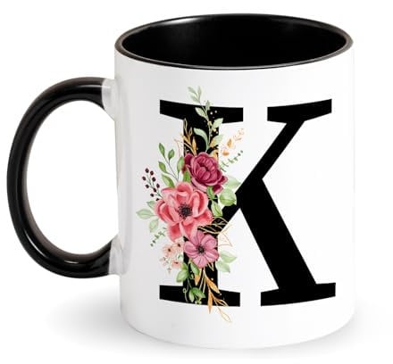 Personalisierte Tasse Buchstabe Kaffeetasse -Tasse mit Blumen Initial Keramik Tasse mit Anfangsbuchstaben Schwarz Tasse Geschenke für Damen, Freundin, Mama Geburtstag Valentinstag Muttertag (K)