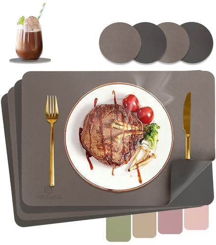 Tischsets Abwaschbar,Platzsets Abwischbar,Tischset Leder,Hitzebeständig Doppelseitigen I 4er Set Platzdeckchen Lederoptik mit Untersetzer,Tischuntersetzer,Platzdecken Goldbraun + Dunkelbraun