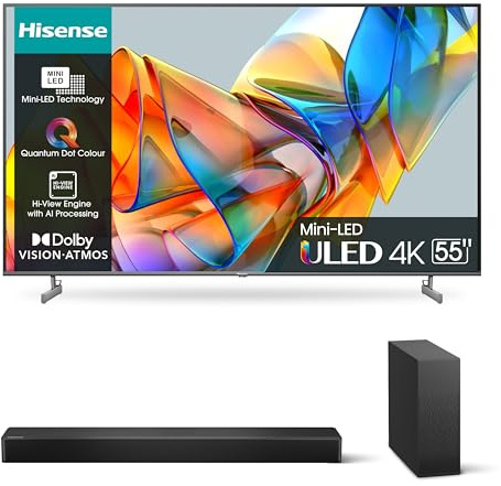 Hisense 55 ULED Mini-LED 4K 2023 55U62KQ, Smart TV VIDAA U6, Dolby Vision, HDR 10 + 4K HS2100 Soundbar 2.1, 240W, Subwoofer Sottile Esterno wireless