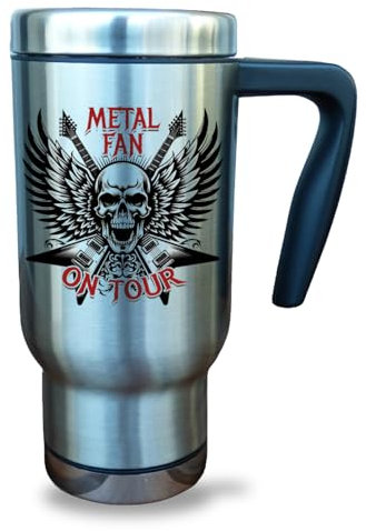 Fördeblau Totenkopf Thermobecher 470ml aus Edelstahl und Kunststoff – Metal-Fan Geschenk für Metalheads im Rock-Design