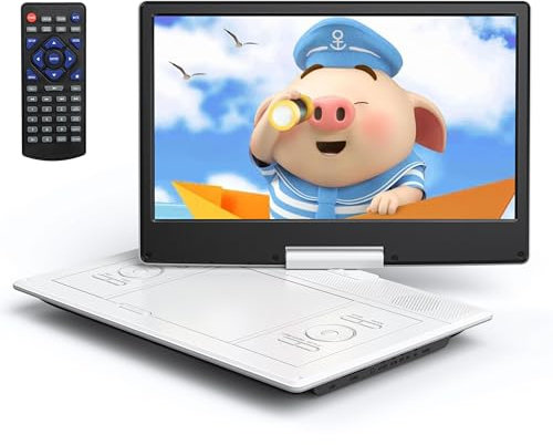YOTON Lettore DVD portatile da 16,9 con schermo girevole HD da 14,1 per auto, 4-6 ore di riproduzione con batteria, riproduzione intelligente della memoria, supporto USB/SD (bianco)