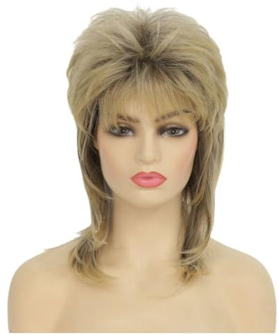 Salaibs Blond Vokuhila Perücken für Damen 80er Kurz Disco Shaggy Perücken Schichtweise 70er Jahre Haar Perücke Natürliche Synthetische Faser Cosplay Rocker Perücke