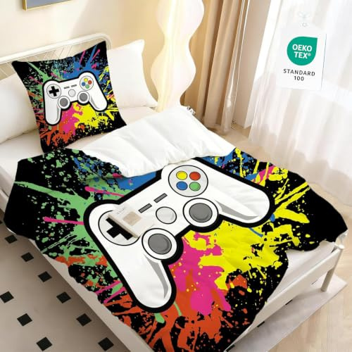 Yasida Housse De Couette Gamer Parure Lit Enfant 140x200 Gaming Housse De Couette Microfibre Noir avec des Motifs ColoréS Saisissants pour Ado Garcon 2 PièCes Literie avec 1 Taie d'oreiller 65x65cm
